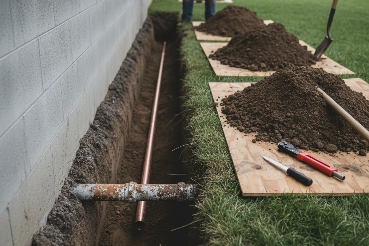 Excavated water line trench during Water Softener Installation in Miami
